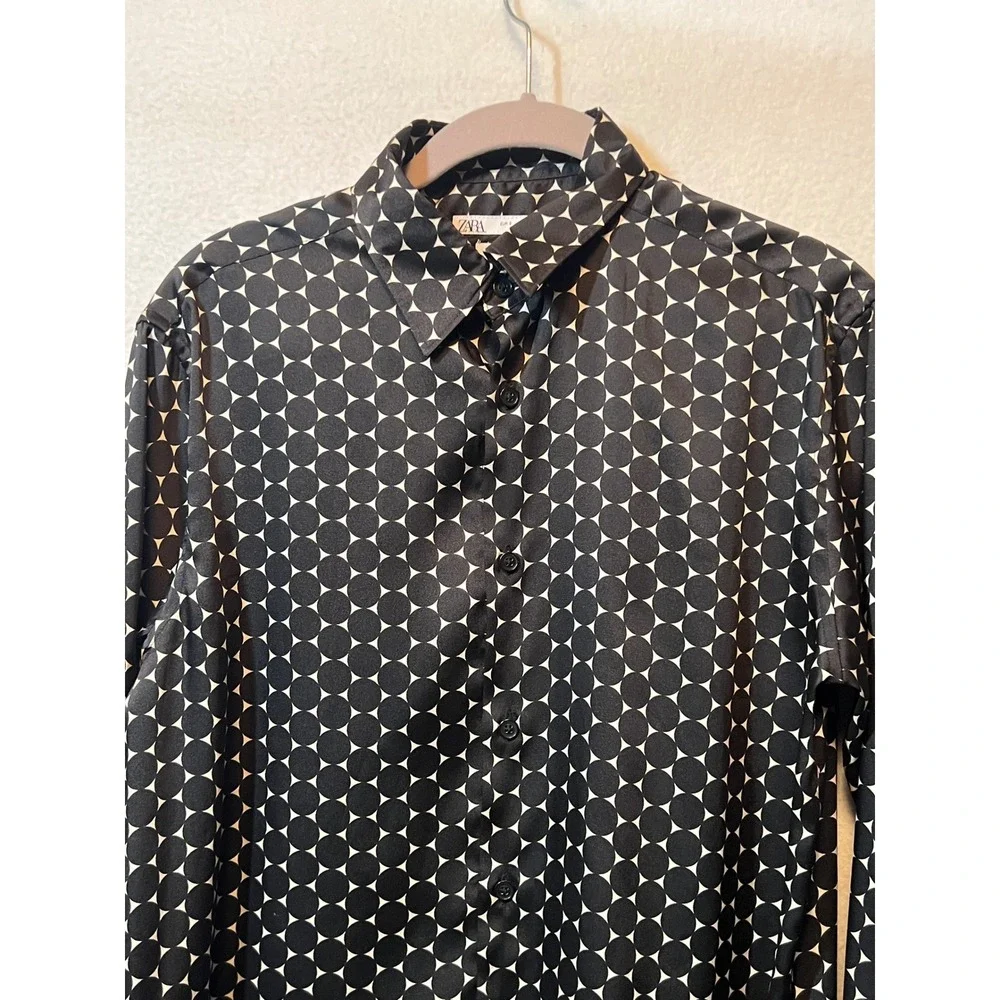 Zara Women's Small Button Down Shirt Black White Circle Print Long Sleeve - Picture 9 of 10